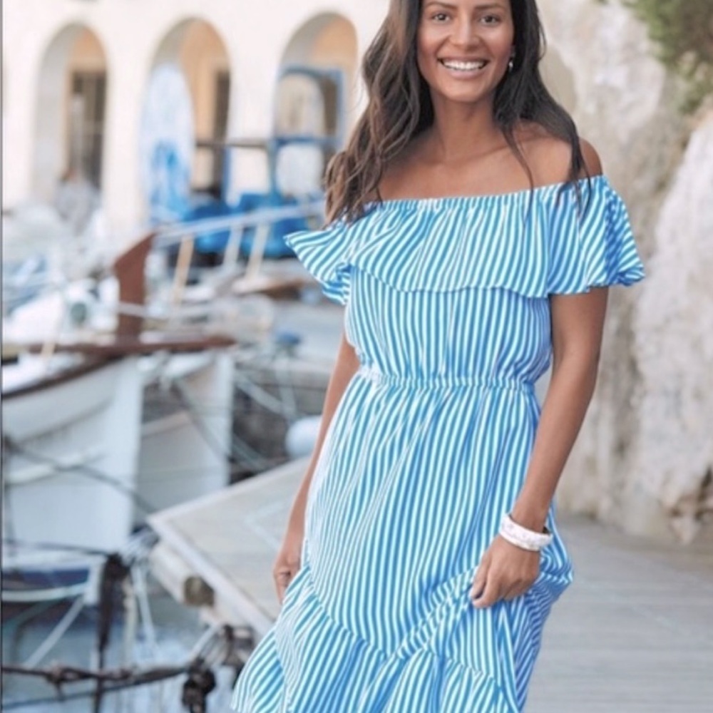 Tommy Bahama Palm Party Striped Off the Shoulders Ruffle Midi Dress TB2
